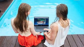 Girlfriends enjoy swimming naked together