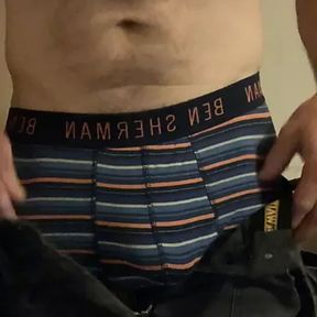 After a hard days work change into straight apprentices cum stained boxers. Impress with bulge.