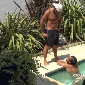 Exhi bareback in the swimming pool with Eric and Jess