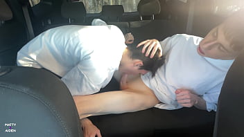 Young gays Matty and Aiden blowjob in the car outdoors