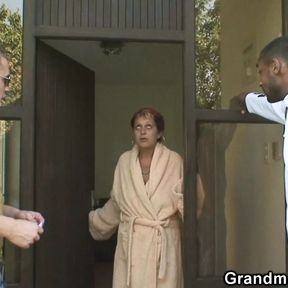 Two big-cocked guys share hot granny neighbor