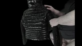 Luxurious black `R` down jacket covered in hot cum