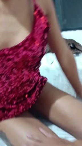 Sexy best friend trying on a red dress for a birthday party...