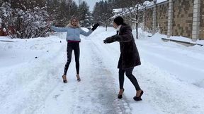 Zanotti platforms shoes on ice, girl on high heels walking on ice, shoes on ice, high heels on snow