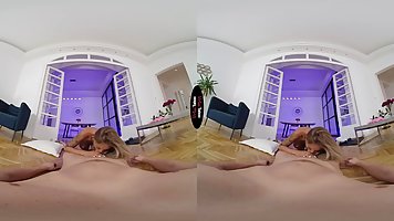 Monika Fox is sucking her lover's dick while kneeling in front of him and then getting fucked