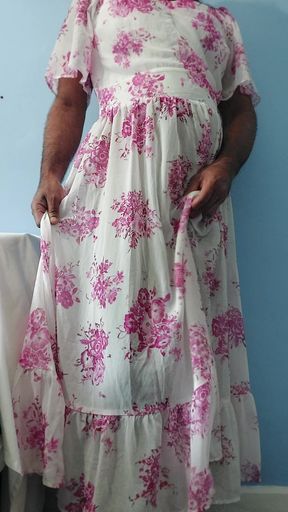 I'm dancing while masterbating in my Pink flowers Silk Seethrough Chiffon Frock
