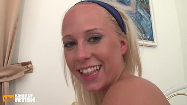 Two blonde teens kiss and fuck their tinny cunts with a big toy on the bed