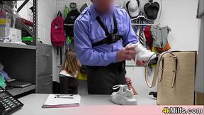 Mall cop finds busty MILF and teen girlfriend giving blowjob
