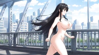 天橋上裸體跑步走路的女子