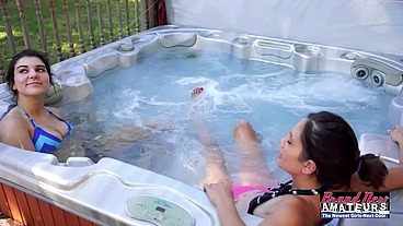 Hot Tub Time! Brunettes Jamie Litton & Vicky Team Up 4 A Double BJ!