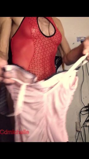 Cdmichelle Wearing Red Garter Panties &amp; One-piece Red Bodysuit   Clip 1
