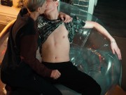 Two sweet guys share an inflatable chair