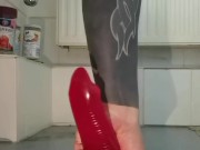 I wear a pink striped thong and shove my entire collection of dildos up my ass