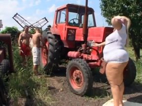 Huge fat blonde pussy fucking threesome on the farm