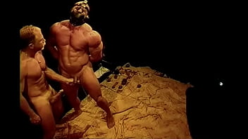 Squeezing huge bodybuilder'_s balls.