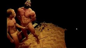 Squeezing huge bodybuilder'_s balls.