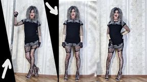 Femboy dances cutely, strokes her luxurious forms, swinging her hips in high heels.