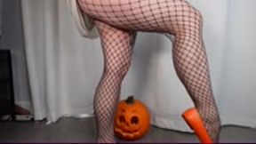 Calf Muscle Flex in Fishnets-Halloween Theme WMV 1080 in Orange Ballet Flats