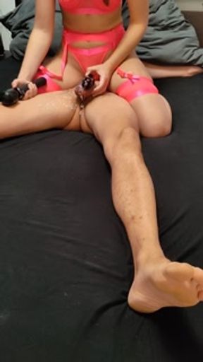 Mistress ruins orgasm of locked chastity slave with huge load