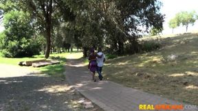 Dark-skinned lovers tangled in wild outdoor passion amid public park chaos!!!