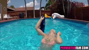 Poolside MILF gets fucked and gives blowjob to young stud