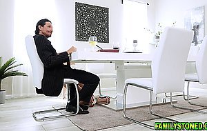 Harley King get under the table to suck her stepdads cock