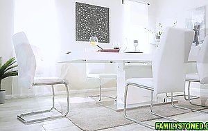 Harley King get under the table to suck her stepdads cock