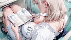 ai generat- lazy kneeling on the hospital bed, hand cupping her soft breast with a hazy gaze. sunlight hits her silk stockings and she fixes her collar while throwing you dirty looks.