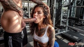 a fitness instructor with tattoos showed me exercises and the red color of panties [ai]