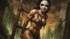 Muscular gothic post apocalyptic captive bitch is tied to a rusty metal scaffold and struggles to free herself in BDSM bondage