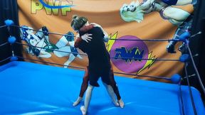 Grappling girl in rushguard wrestles a skinny guy