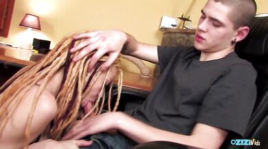Dreadlocked redhead stuffed in stockings gets fucked doggystyle at audition