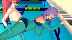 Horny Big-Titted Hentai Girl Moans While Riding Dick By The Pool