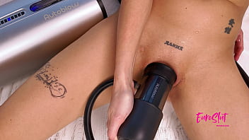 Shaved woman gets off using Autofellatio machine