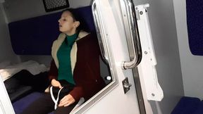 Hot brunette seduces stranger and fellow traveler in train compartment