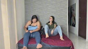Humping BBW Stepsisters in jeans