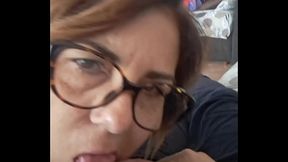 Mature slutty wife takes cum in mouth while hubby jacks off