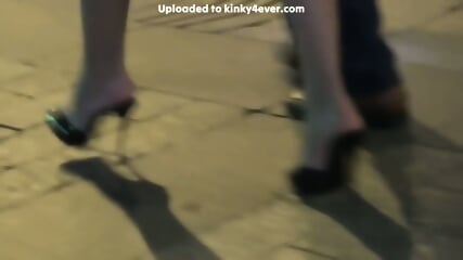 Wonderful Amateur Woman In Sophisticated Dress Wearing High Heel Candid Mules Down Town