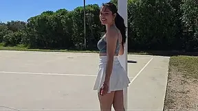 Naughty roller-skating neighbor gives a dirty blowjob in public