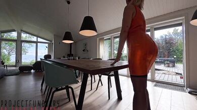 Curvy girl in bodycon dress gets a face full of cum during missionary