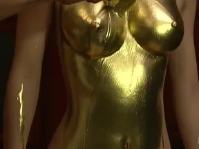 Golden-Painted Japanese Sex Slave Tied Tight to Leash Awaits Pleasure