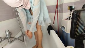 Hairy milf strips and shaves her big cheeks & tits