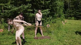 Piss Ballet -- Dirty submissive dances between two face fucking doms while showered inside piss