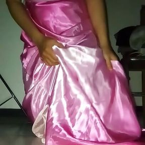 Masturbation Cum Wearing Satin Slippery and Shiny Pink Long Gown