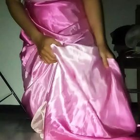 Masturbation Cum Wearing Satin Slippery and Shiny Pink Long Gown