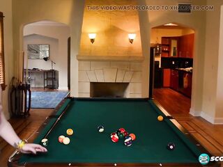 Princess Pumpkins fingers her shaggy twat on a pool table