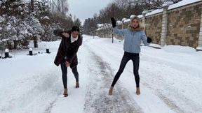 High Heels Mules on ice, high heels on ice, girl walking on ice, sliding high heels, slippery shoes