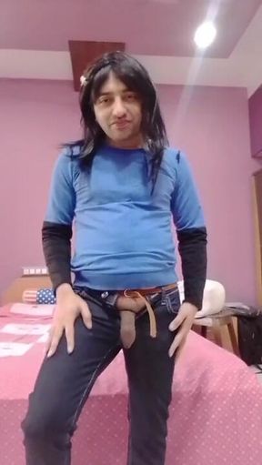 Cute sissy crossdresser femboy Sweet Lollipop in her sweet bedroom.