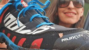 Muddy running shoes and steamy socks