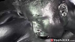 Yoshi Kawasaki and daddy Shusaku are covered in silver paint while breeding intensly
